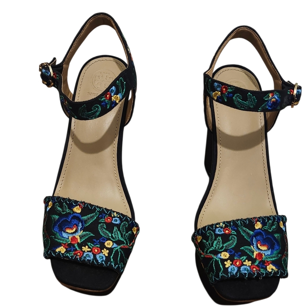Tory Burch Embroidered Floral Navy Blue Ankle-Strap Platform Wedge Sandals - 8